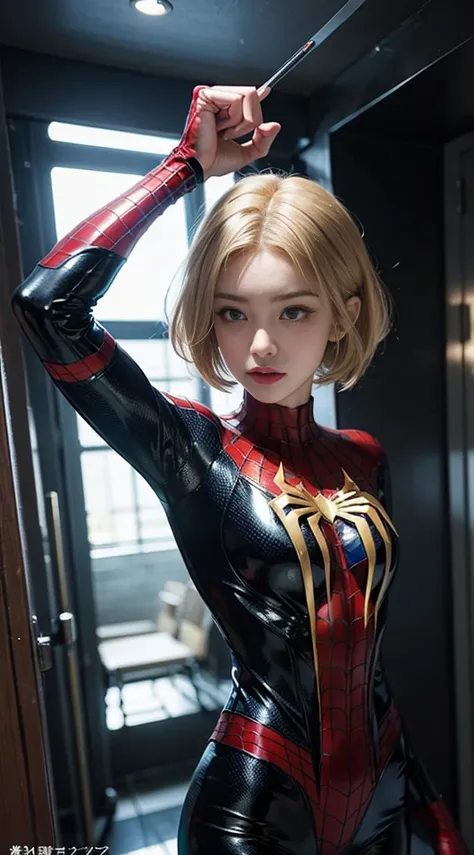 Dressed in a Spiderman costume、A fair-skinned, blonde, short-haired, beautiful heroine、Draw a scene of fighting an enemy