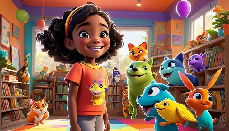 A colorful, animated scene in a 3-D Pixar style featuring a cheerful Black  named Arya, welcoming viewers to her happy place. Arya is standing in a vibrant, fun-filled space with bright colors, playful animals, smiling children, and various learning elemen...