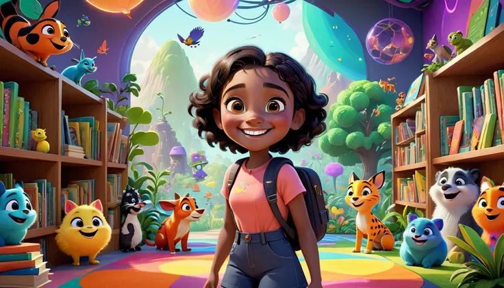 A colorful, animated scene in a 3-D Pixar style featuring a cheerful Black  named Arya, welcoming viewers to her happy place. Arya is standing in a vibrant, fun-filled space with bright colors, playful animals, smiling children, and various learning elemen...