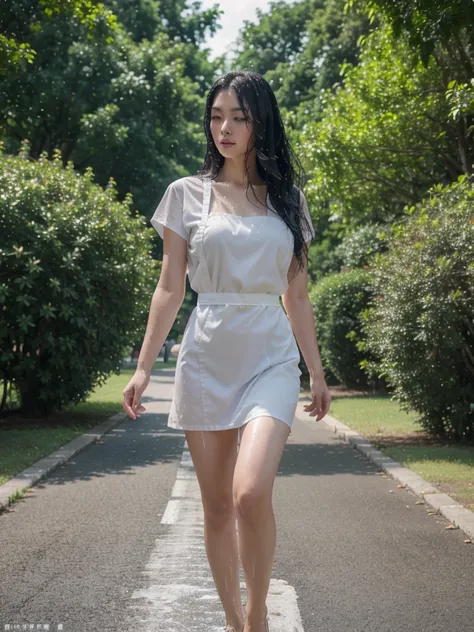 a beautiful taiwanese woman,long black hair,white apron wet with water,walking gracefully,asphalt road,large shady trees,blurred bokeh background,(best quality,4k,8k,highres,masterpiece:1.2),ultra-detailed,(realistic,photorealistic,photo-realistic:1.37),UH...