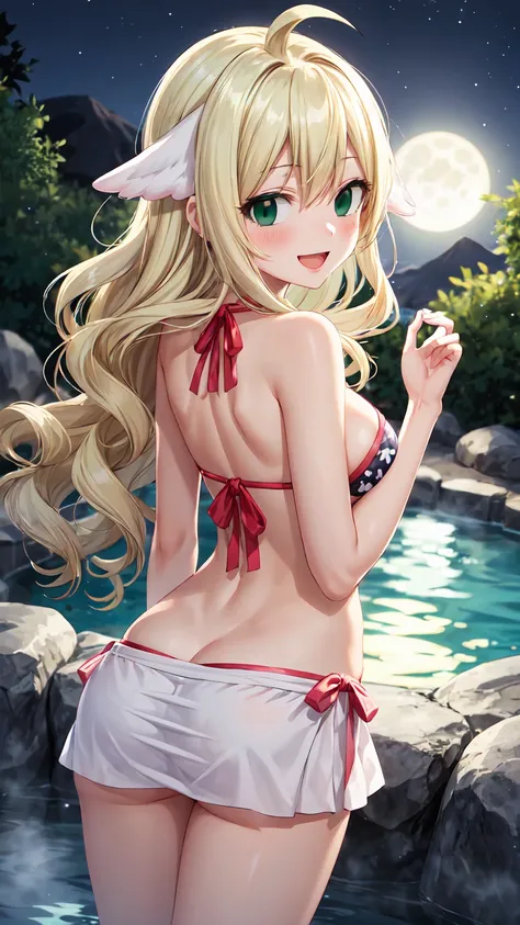 Masterpiece ,best quality , high resolution , (1 girl solo:1.38) , (mavis, long hair, blonde hair, (green eyes:1.5), ahoge, wavy hair , tiled head) , (cleavage:1.2) , (medium breast:1.28) , (wear yukata , inside wear bikini ) , (cleavage:1.15) , (big breas...