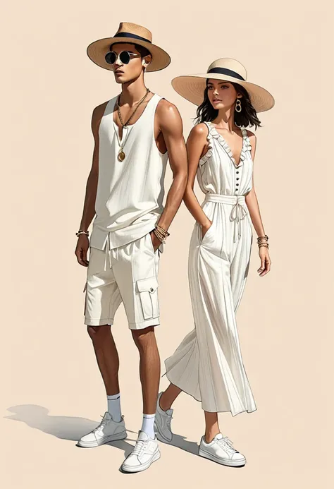 candid fashion illustration of young Mixed race man and woman, both aged 22 year old, ((showcase fashion look book in a off-White outfits)), inspired by Saint Laurent Summer collection in elegant young bohemian style. The man wears an oversized short-sleev...