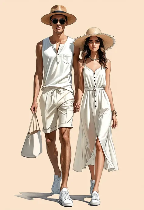 candid fashion illustration of young mixed race man and woman, both aged 22 year old, ((showcase fashion look book in a off-whit...