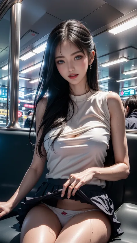 ((New York City Girl))、(RAW shooting, Photorealistic:1.5, 8K, Highest画質, masterpiece, Ultra-high resolution), Perfect dynamic composition:1.2, Night Street Corner, Looking up at the sky:1.3, (((Heavy rain from a typhoon))), Highly detailed skin and face te...