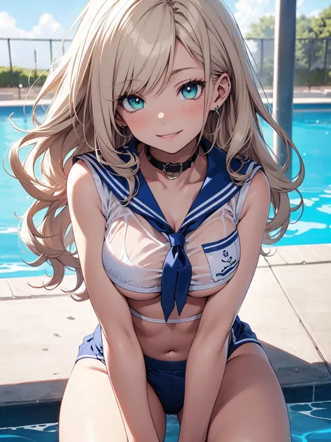 1 lady, HD quality, anime, solo full body shot, (sitting with hands back:1.3), (open legs to limit:1.5), (with one knee up:1.3), showing  pubic area:, (under boob:1.6), Large breasts, (cleavage), smiling, (thin thighs:1.3), (Sailor uniform only for the upp...