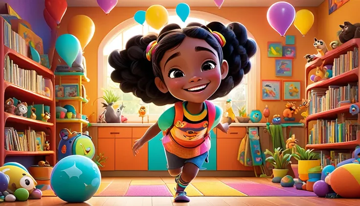 a colorful, animated scene in a 3-d pixar style featuring a cheerful black  named arya, welcoming viewers to her happy place. ar...