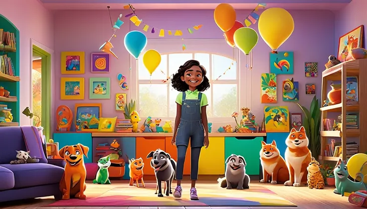 A colorful, animated scene in a 3-D Pixar style featuring a cheerful Black  named Arya, welcoming viewers to her happy place. Arya is standing in a vibrant, fun-filled space with bright colors, playful animals, smiling children, and various learning elemen...