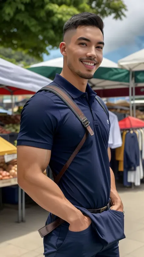 Tony Labrusca, Young man in a navy blue polo shirt Standing at the edge of the market with a smile on his face, looking into the distance Turn your head slightly.，Cloudy day, (Backpack:1.2)