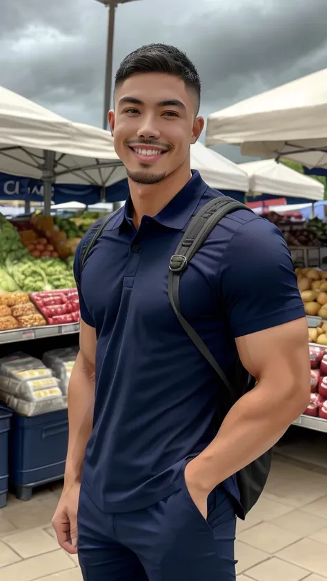 Tony Labrusca, Young man in a navy blue polo shirt Standing at the edge of the market with a smile on his face, looking into the distance Turn your head slightly.，Cloudy day, (Backpack:1.2)