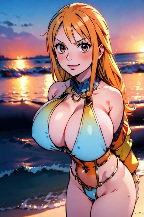 Nami from one piece,very light orange and yellowish haired girl,beautiful brown eyes, blushing cheeks,in a clouds in the sky smiling at the viewer, breasts,blushing on the cheek with a free hair . She should be wearing a bikini. The art style should resemb...