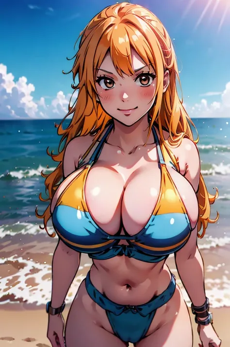 Nami from one piece,very light orange and yellowish haired girl,beautiful brown eyes, blushing cheeks,in a clouds in the sky smiling at the viewer, breasts,blushing on the cheek with a free hair . She should be wearing a bikini. The art style should resemb...