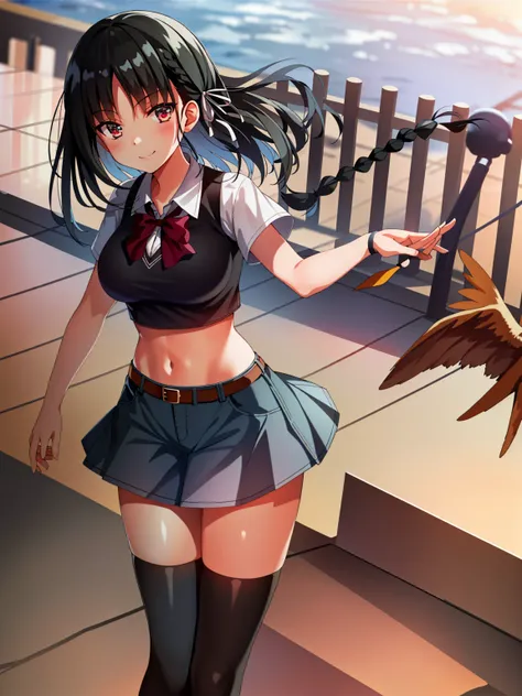 (8K, Highest quality, Highest quality, masterpiece), standing, 1girl, solo, cowboy shot, aasuzune, short hair, black hair, (single braid:1.2), hair ribbon, crop top, black thighhighs, smile, Denim short shorts, school, outdoors, large breasts, cleavage