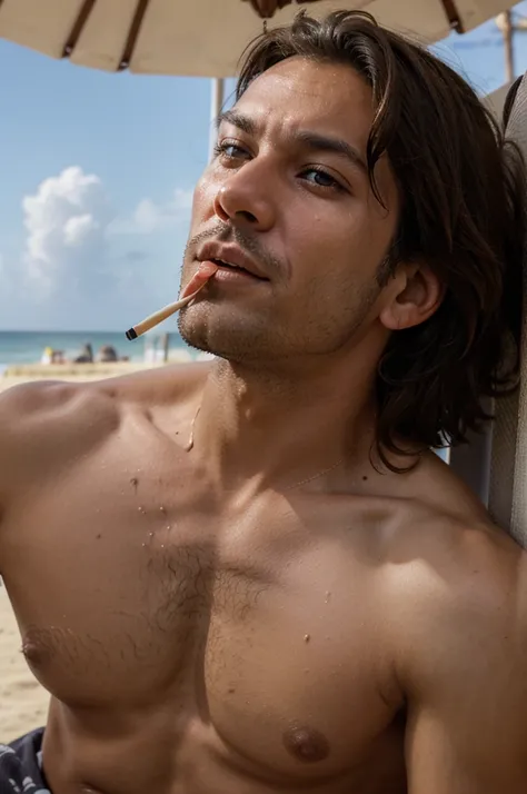 Picture a man sitting relaxed on the beach while smoking a cigarette, his eyes are red and his mouth is emitting a little vomit.