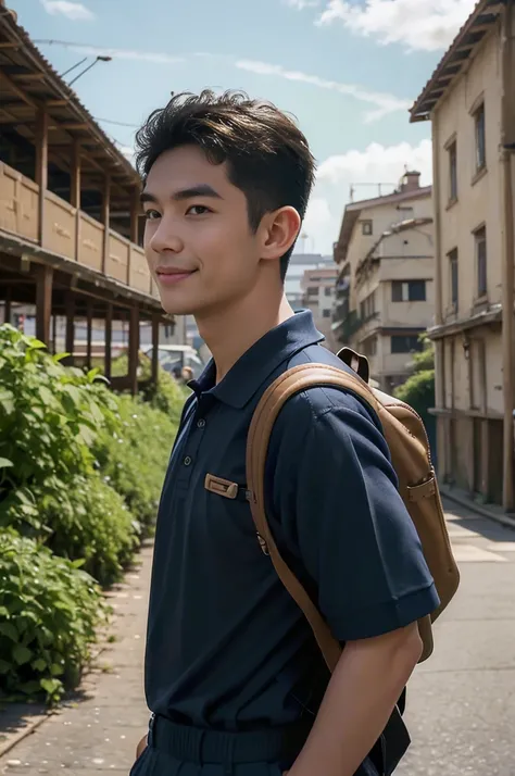 Young man in a navy blue polo shirt Standing at the edge of the market with a smile on his face, looking into the distance Turn your head slightly.，Cloudy day, (Backpack:1.2)