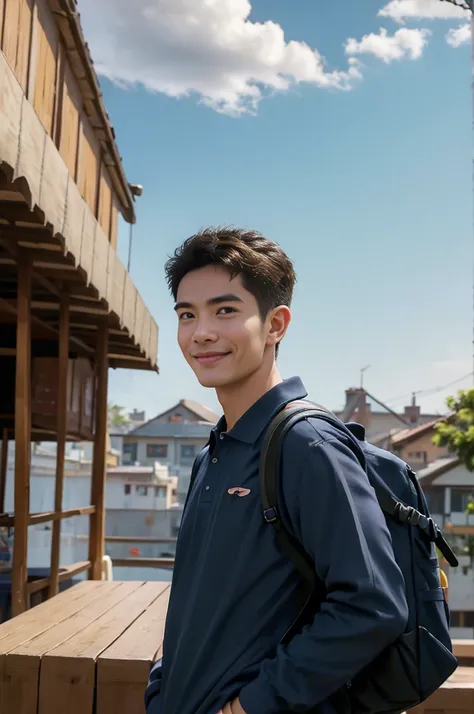 Young man in a navy blue polo shirt Standing at the edge of the market with a smile on his face, looking into the distance Turn your head slightly.，Cloudy day, (Backpack:1.2)