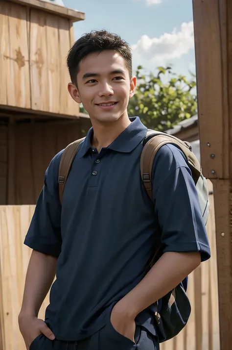 Young man in a navy blue polo shirt Standing at the edge of the market with a smile on his face, looking into the distance Turn your head slightly.，Cloudy day, (Backpack:1.2)