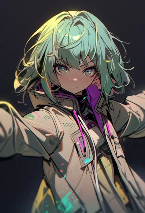  girl, close up, dark background ,solarpunk , awesome costume ,jacket , randome pose