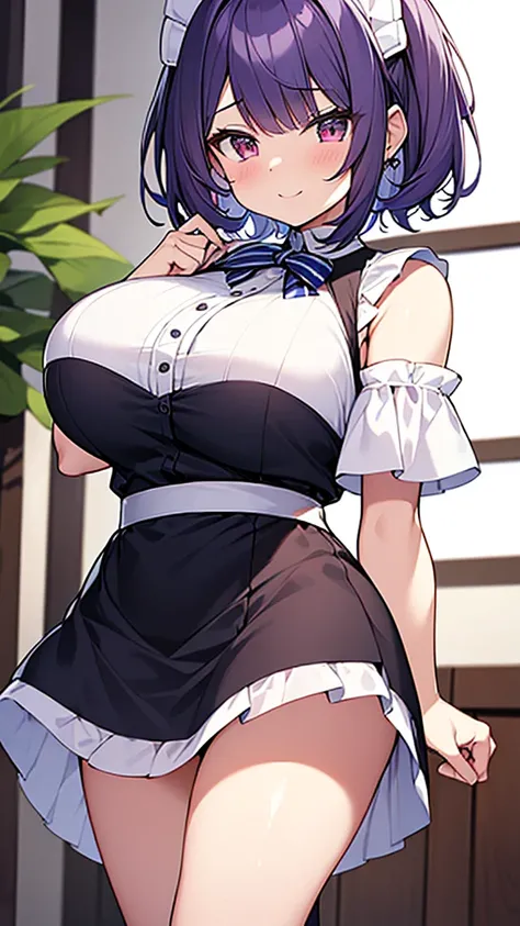 最high quality, high quality, Super detailed, 32k, Ultra-detailed details, Sister and maid, {{メイドのサキュバスは妹の顔になってる}}, (Standing, pretty girl, beautiful purple hair, short hair, Beautiful RED eyes, mature, Big Breasts, A light smile, Off-the-shoulder sleeveles...