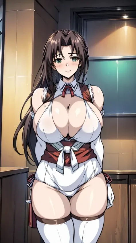 18-year-old girl，Baby Face，light brown hair，side braid，Smile，Huge breasts，cleavage，Sheer red sleeveless top，Leave space in the middle to reveal cleavage，Soaked all over，Blushing，green eyes，Female spy，Red miniskirt，White gloves，White hand sleeves，White boot...