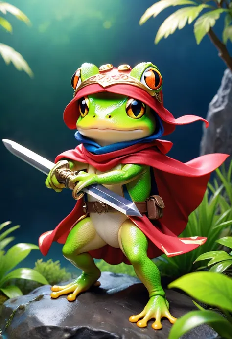 Esbian all over、Cool Frog、Pop Frog、Diorama、Simple Background、bandana、Holding a big sword in his hand、Brave、Cape、Best Quality, Capture the cutest moments, Depth of written boundary, Super detailed, Ultra-high resolution, Octadale, 8k, 16km race