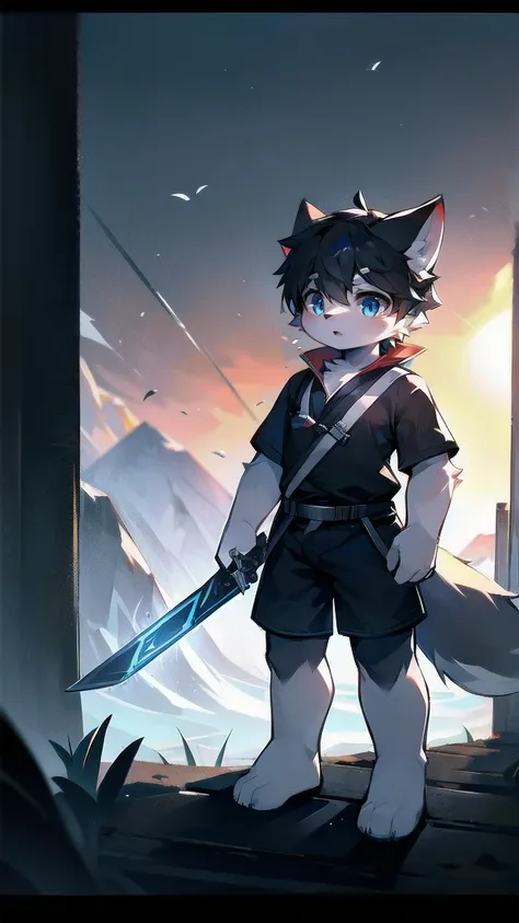 White Wolf，black hair，Sky blue eyes，hairy，Wolf ears，Wolf tail，Full body portrait，The character is in the center of the frame，Handsome，Confident eye***but，juvenile，Black and white combat uniform，Red neck bib，Black shorts，Short sleeve，hairy arms and legs，Dar...