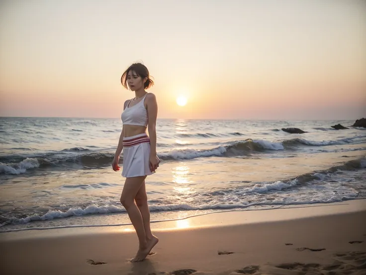 Full body photo of a beautiful 46-year-old Korean woman, Chest size 34 inches, Wear a rolled-up sleeveless top, light and pale white skirt, sunset red light on the beach，afterglow of the sea beach beach sunset red sun，A strong lingering scent is reflected ...