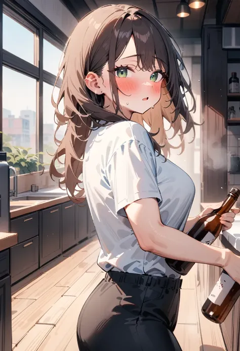 masterpiece, best quality, very aesthetic, absurdres, newest, 1girl, solo, asymmetrical bangs, tareme, blush, drunk, long hair, looking at viewer, brown hair, shirt, green eyes, standing, white shirt, short sleeves, cowboy shot, parted lips, pants, indoors...