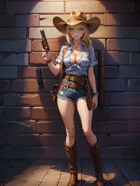 (((Cowgirl Costume))),(((Wear low-waisted denim shorts and short western boots))),(((Wear a western hat))),(((wear a leather belt))),(((He is wearing short sleeves, Plaid, front tie shirt))),(((Wear a gun belt:1.5))),(((Wear a watch on your wrist))),(((Sho...