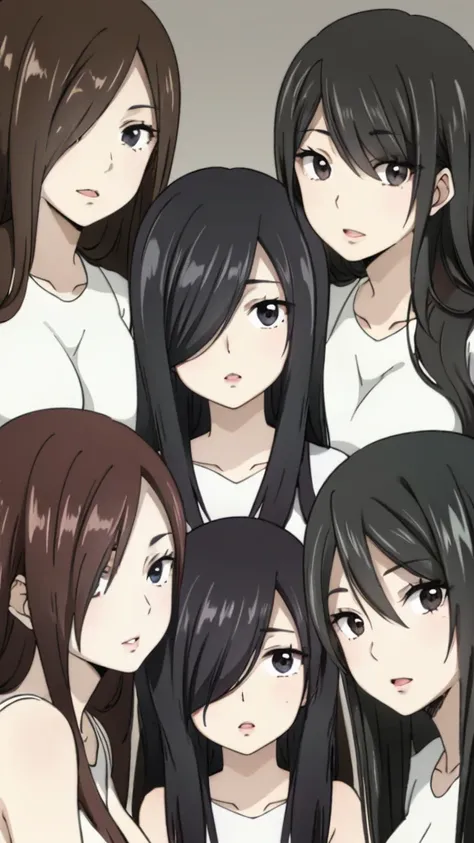 Mommy with 4 daughter,black hair, long hair, (hair over one eye:1.4), messy hair, hair between eyes, chubby cheek,Sexy lips, pucker lips