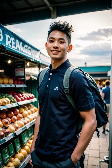 Young man in a navy blue polo shirt Standing at the edge of the market with a smile on his face, looking into the distance Turn your head slightly.，Cloudy day, (Backpack:1.2)