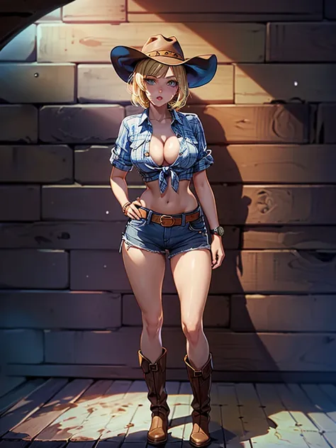 (((Cowgirl Costume))),(((Wear low-waisted denim shorts and short western boots))),(((Wear a western hat))),(((wear a leather belt))),(((Wearing short sleeves, Plaid, front tie shirt))),(((Wear a watch on your wrist))),(((Showing cleavage))),(((Bare inner t...