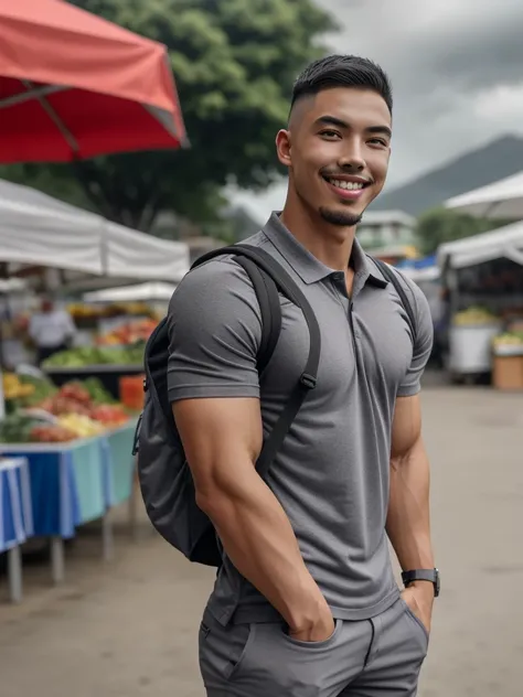 Tony Labrusca, Young man in a gray polo shirt Standing at the edge of the market with a smile on his face, looking into the distance Turn your head slightly.，Cloudy day, (Backpack:1.2)