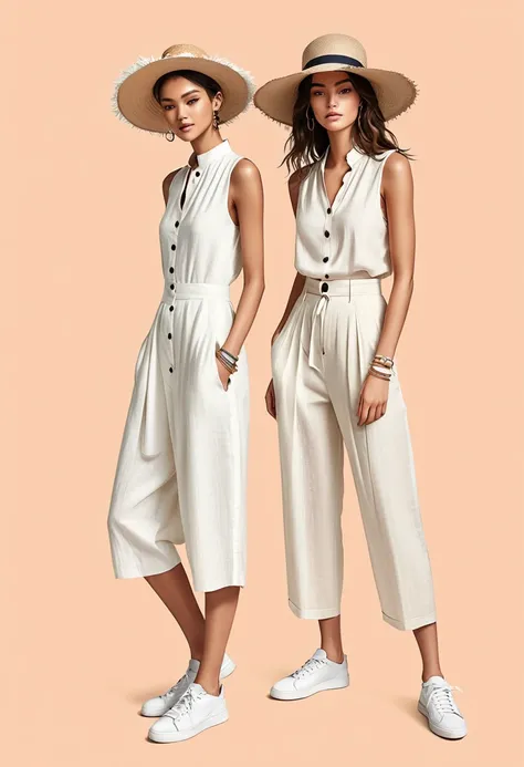 candid fashion illustration of young Mixed race man and woman, both aged 22 year old, ((showcase fashion look book in a off-White outfits)), inspired by Zara Summer collection in elegant young bohemian style. The man wears  Relaxed-fit shirt in a linen and...