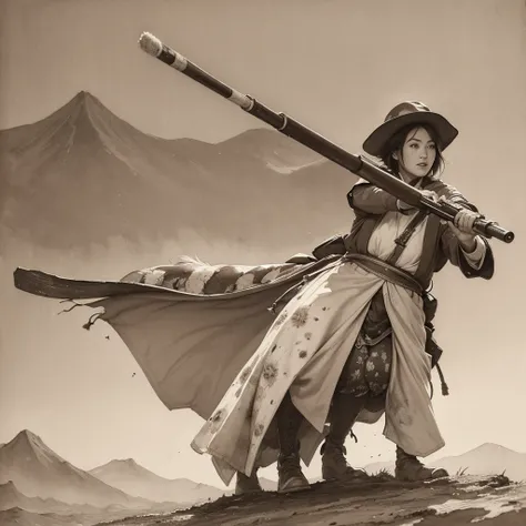 High quality, 8k Ultra HD, (((ink and wash painting))), (sepia-toned), Japan in the 1800s。A hunter wearing a raincoat is aiming at his prey with a matchlock gun in a snowy mountain。Dogs barking around。