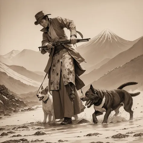 High quality, 8k Ultra HD, (((ink and wash painting))), (sepia-toned), Japan in the 1800s。A hunter wearing a raincoat is aiming at his prey with a matchlock gun in a snowy mountain。Dogs barking around。