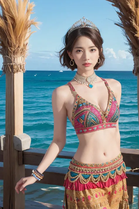 (One woman), short bob, 28 years old, Japanese, brown eyes, brown hair, slim figure, flat chest, flushed, flushed cheeks, flushed face
Break
BREAK
//Fashions 
Tribal Beach Queen in Beaded Top and Maxi Skirt
This outfit features a beautifully beaded top wit...