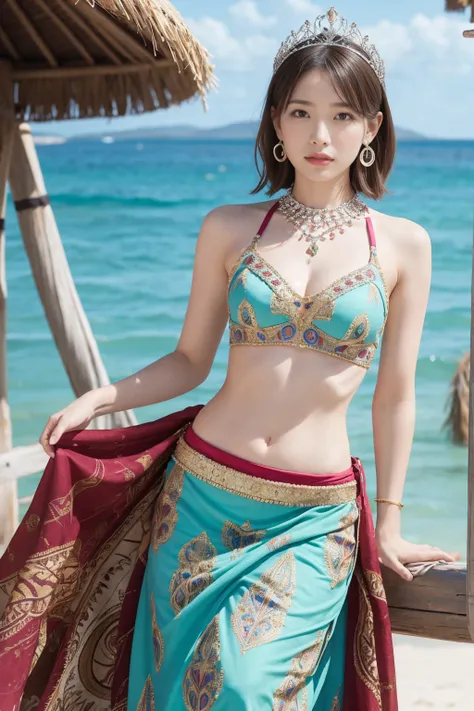 (One woman), short bob, 28 years old, Japanese, brown eyes, brown hair, slim figure, flat chest, flushed, flushed cheeks, flushed face
Break
BREAK
//Fashions 
Tribal Beach Queen in Beaded Top and Maxi Skirt
This outfit features a beautifully beaded top wit...