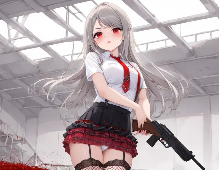 Large amount of fresh red blood、Girl firing a gun、A girl covered in blood. She lifts her skirt with both hands.、Showing off cute white underwear.、Black garter belt、Black rough fishnet stockings、Plain white shirt with red tie、Standing posture、Abandoned Fact...