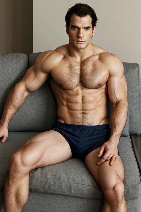 Henry cavill with no shirt sitting on the couch 