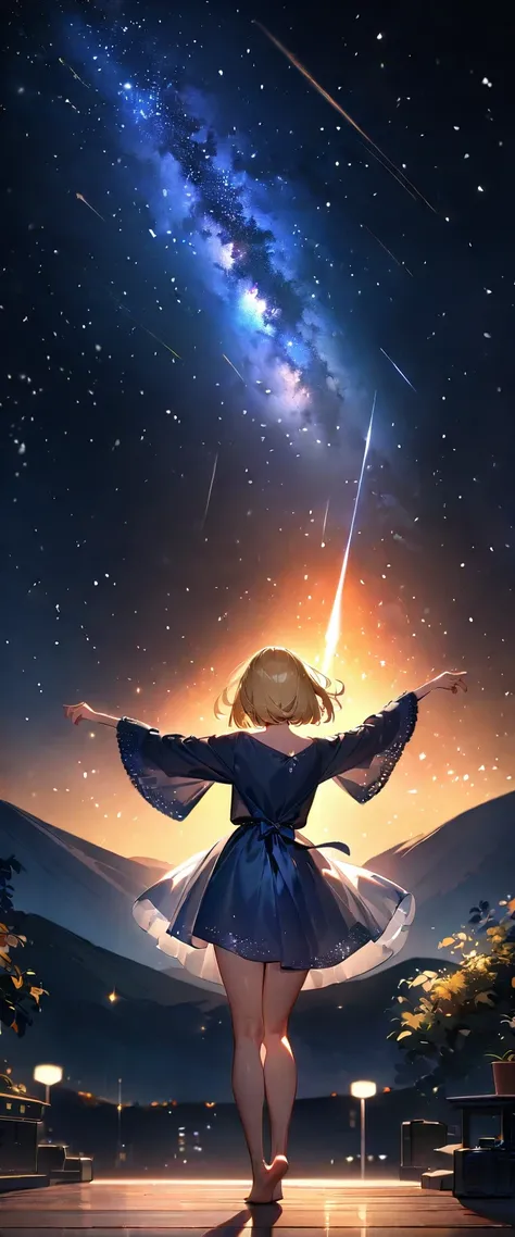 (((A meteor shower dancing in the night sky, countless stars twinkling in the clear air, a beautiful starry sky, the Milky Way shining beautifully in the night))), mountain, wide shot, back shot, a girl, bob cut, bare legs, bare foot, blond hair, (best qua...