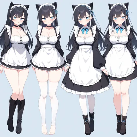 game、Dark fantasy、adultの女性のメイド、cool、A maid outfit with a black base、The background is all white、three views、Full body view、barefoot、White tights with runs、Five fingers、Blue sparkling eyes、Lots of frills、Long black hair、Blue gradation in hair、メイド服にgorgeousな...