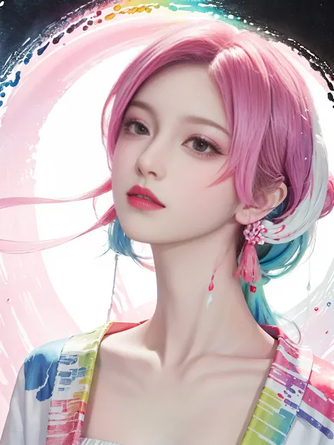 （masterpiece、Best quality、high resolution），White background，（（Paint splatter，Splash of Color，Ink splash、Splash of Color）），Sweet Chinese girl，Rainbow hair，Pink Lips，Upper part of the body，The expression is fascinating，detail，emphasize