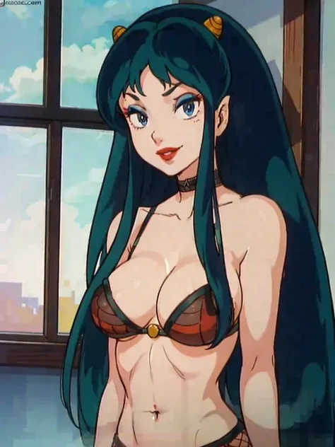 NSFW, masterpiece, (best quality: 1.2), long hair, blue eyes, green hair, big breasts, evil_smile, sexy, ((red lipstick, fishnet stocking)),, ((top crop))