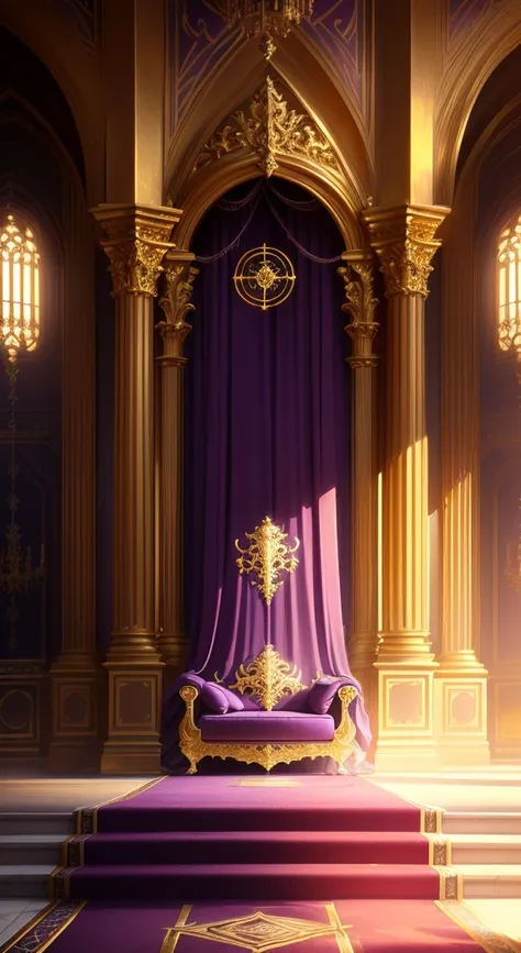 Purple and Gold Room，Purple carpet, decadent Golden Throne Room, exquisitely designed Golden Throne Room, Golden Throne Room, Stunning mysterious background, odins stone Arena Background, Palace Background, Kingdom of Light Background, rustic Golden Throne...