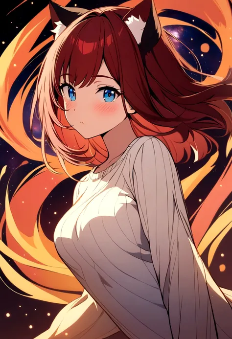 (masterpiece, best quality, highres), anime art style, pixiv, 1girl, solo,
supernova, abstract, abstract background, (bloom, swirling lights, light particles),
fire, galaxy, floating, romanticized, blush, looking at viewer,
dark red hair, blue eyes, straig...