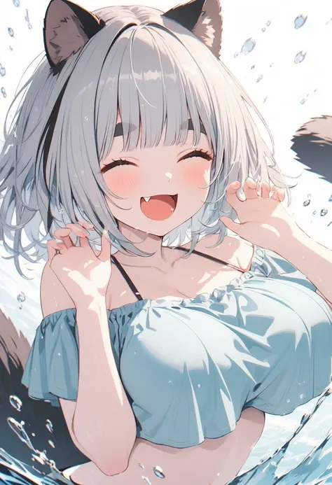 (best quarity,ultra detailed,ultra-high-resolution, absolutely resolution,8k, masterpiece),anime,(pale colors:1.8),long shot, 1girl, solo, cat mouth, hands up, shoulder-deep in water, smile, closed eyes, opened mouth, fang, blue hair, bobcut, straight hair...