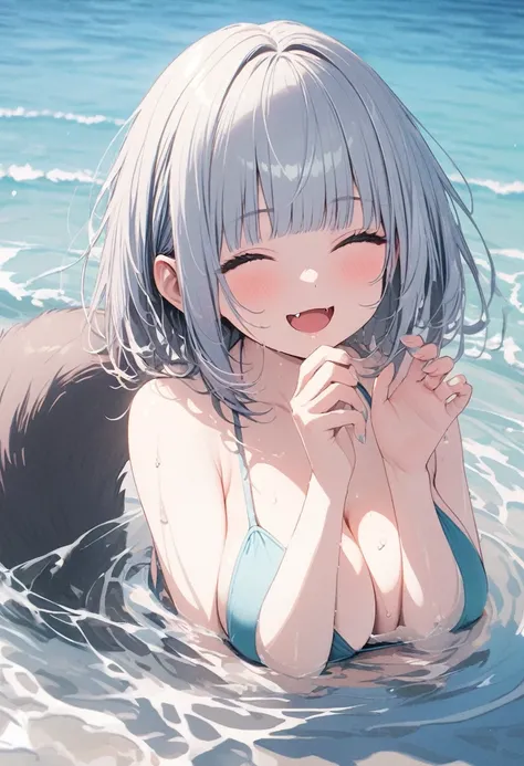 (best quarity,ultra detailed,ultra-high-resolution, absolutely resolution,8k, masterpiece),anime,(pale colors:1.8),long shot, 1girl, solo, cat mouth, hands up, shoulder-deep in water, smile, closed eyes, opened mouth, fang, blue hair, bobcut, straight hair...