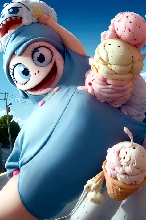 An ice cream monster who looks like a cup ice cream with big eyes and mouth and small hands and legs attacking a  with blue pants and white shirt in summer on on a street 