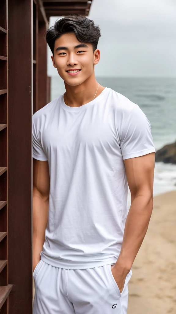 独奏: 1.5, (As a matter of fact, Masterpiece, 8k HD, good light quality, sportswear, fit the face, complicated details), A handsome Korean young man with muscular arms. , 20 years old, be happy, smile brightly, detailed face, delicate eyes, look at the sky, ...