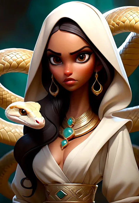 Arabian woman with a snake around her neck and a fan, portrait of a scorpion goddess, Liliana Vess, Snake Woman Hybrid, a stunning portrait of a goddess, goddess. Extremely high detail, Artgerm Julie Bell Beeple, goddess close-up portrait, Artgerm details,...